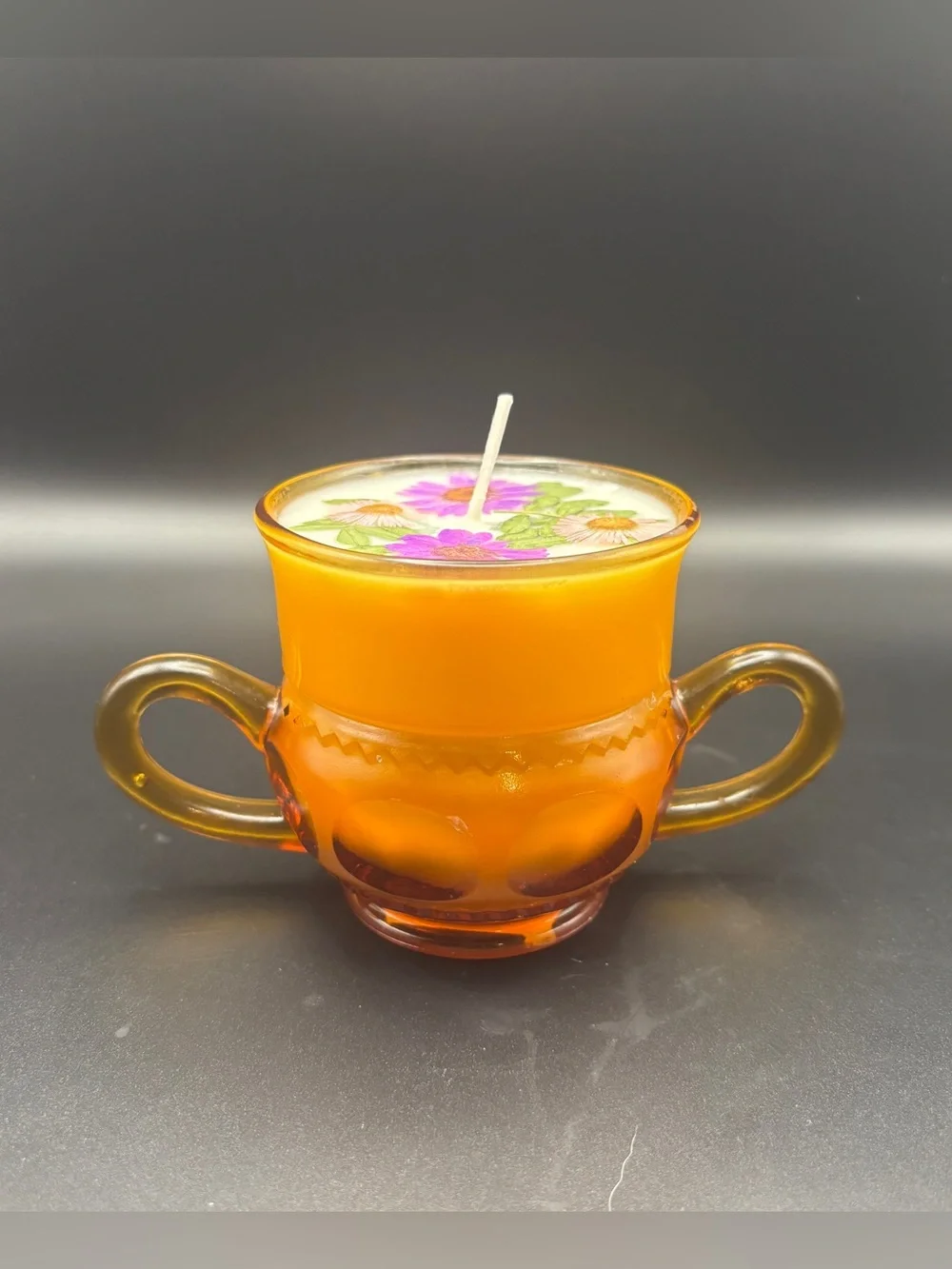 Orange Glass Double-Handled Floral Candle